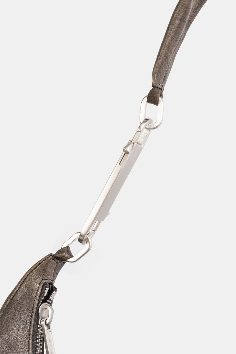 Rick Owens Cropped Gemini Bag matte silver sliding snap hook on the aged taupe leather shoulder strap