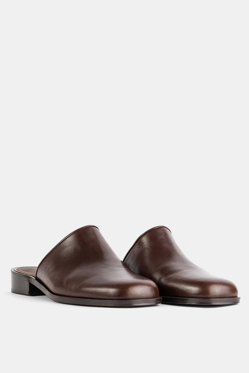 Studio Nicholson mules femme cuir veau marron paire vue frontale légèrement décalée, finition lisse et talon bloc