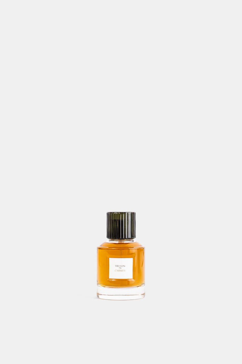 Trudon Carmen Eau de Parfum 100 ml flacon en verre ambré avec bouchon strié vert foncé, fragrance unisexe