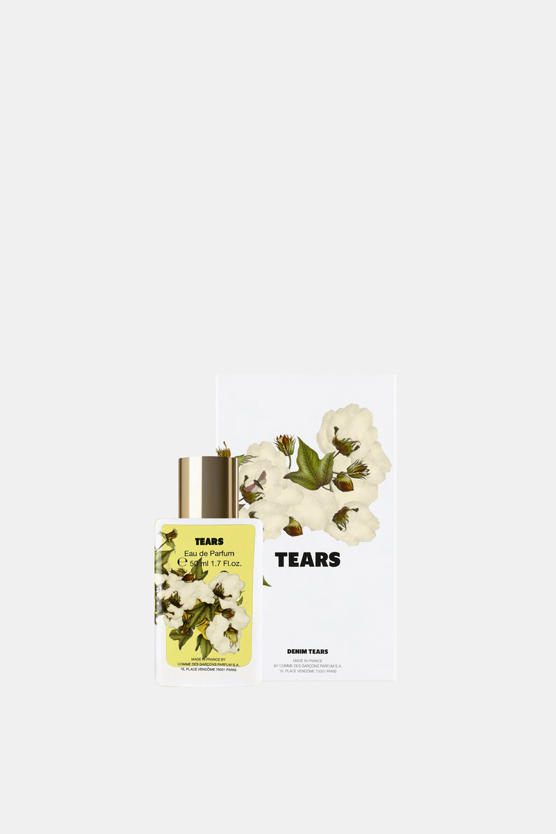 Estojo Denim Tears x Comme des Garçons Parfums Tears EdP 50ml caixa branca com padrão botânico de algodão