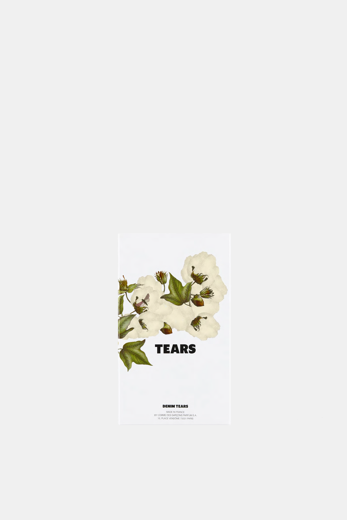 Embalagem branca Comme des Garçons Parfums Tears EdP ilustração botânica algodão Denim Tears fundo neutro