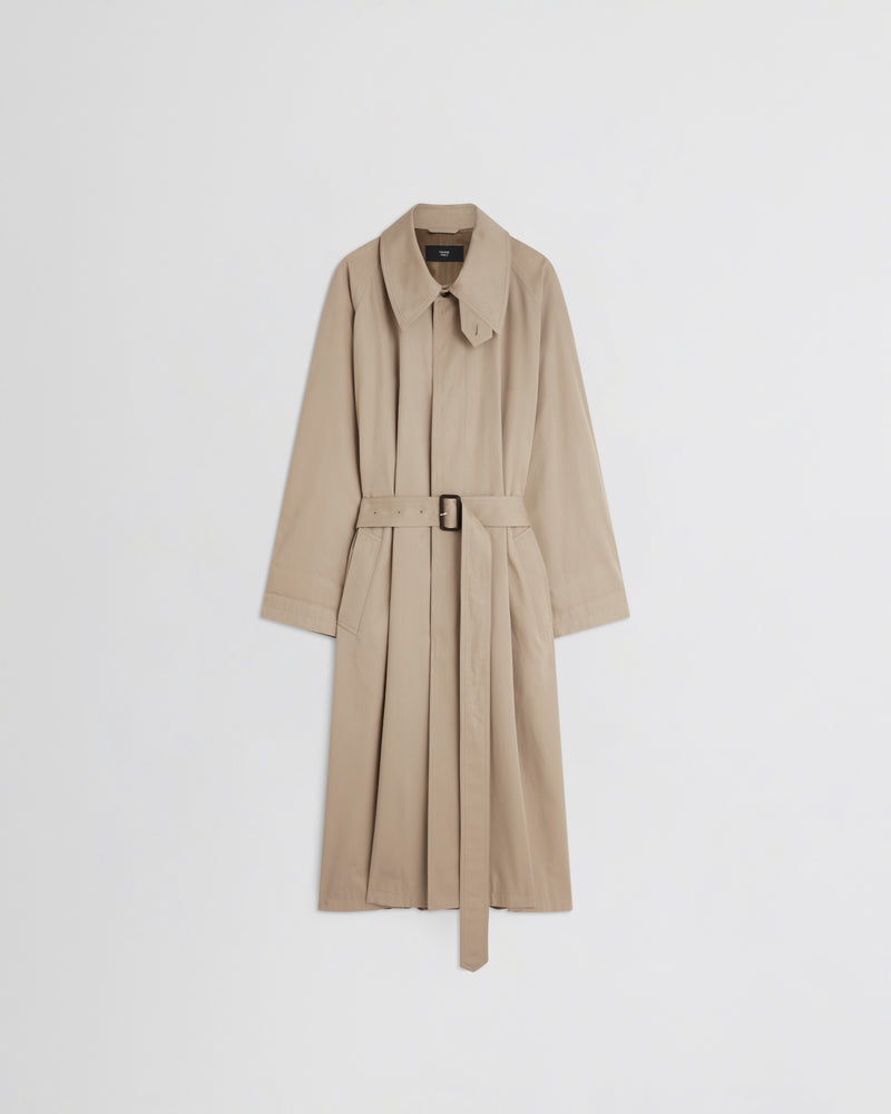 Phoebe Philo grand trench oversize en coton sable, col chemise, coupe longue plissée et ceinture ton sur ton