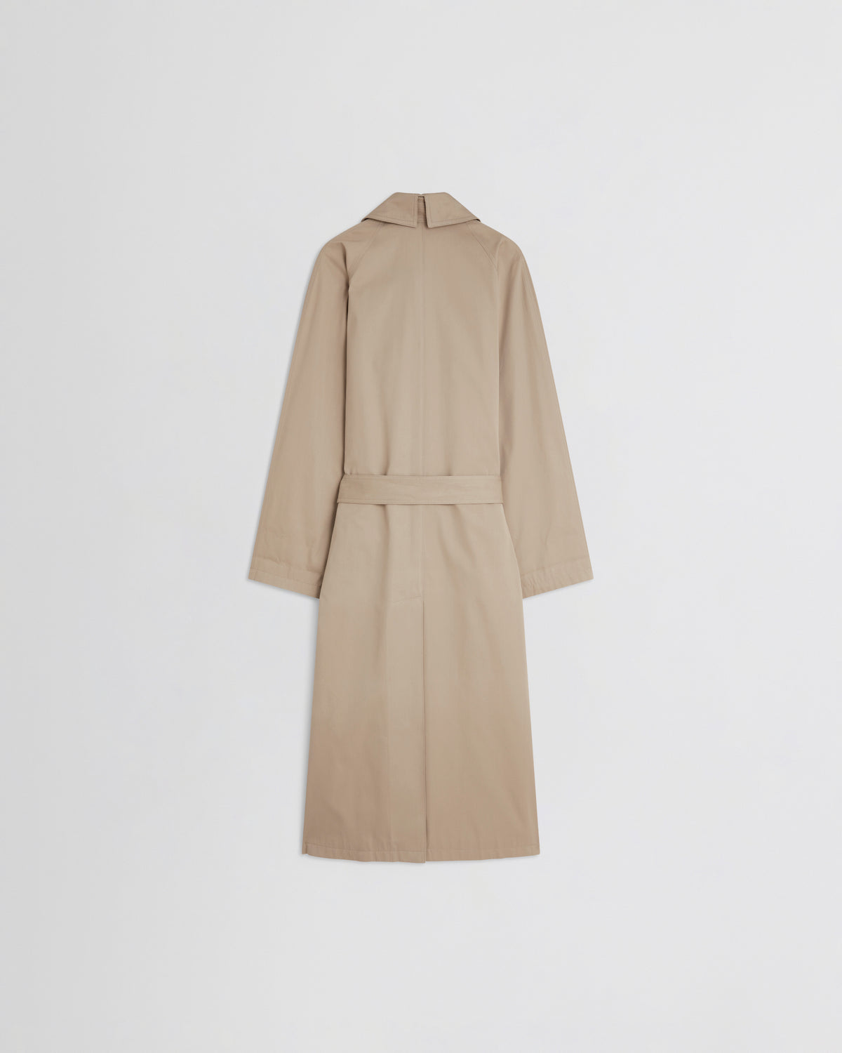 Phoebe Philo trench femme dos, coton sable, ceinture centrée et vent arrière structuré