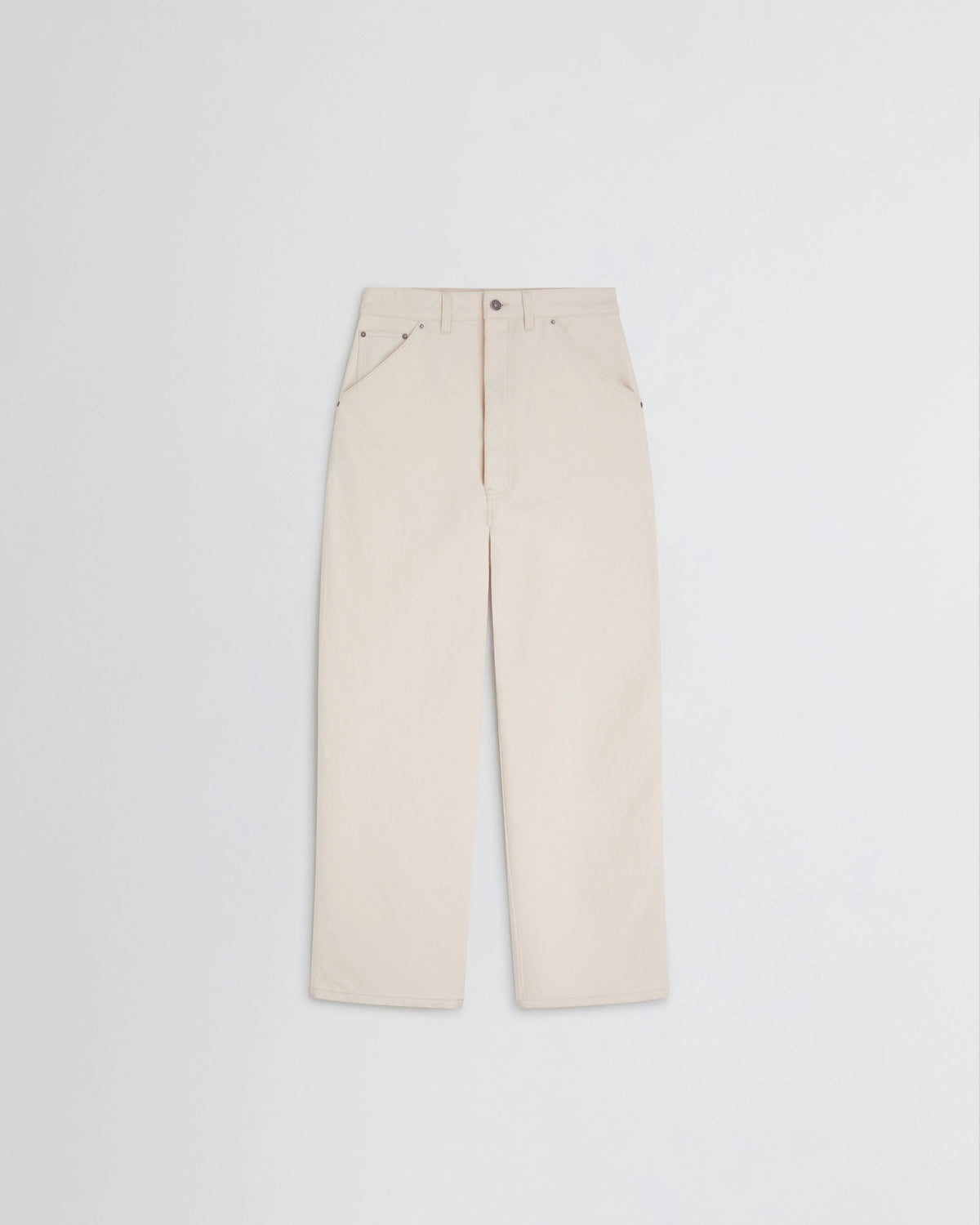 Phoebe Philo wide-leg utility jeans in cream cotton featuring cargo pockets and a relaxed unstructured straight cut