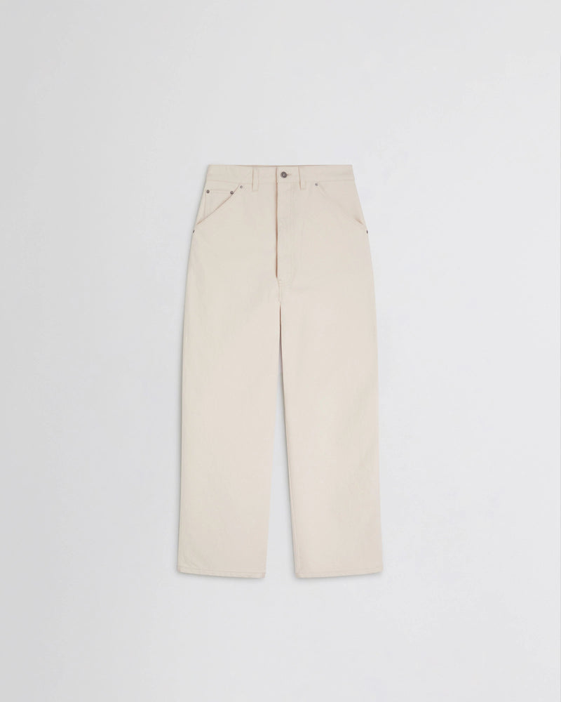 Jeans utility Phoebe Philo largos de cintura subida em algodão creme com bolsos cargo e corte reto desconstruído