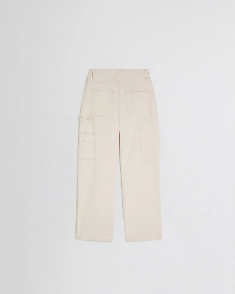 Calças de ganga cargo Phoebe Philo creme nas costas com bolsos duplos aplicados e pespontos tom sobre tom