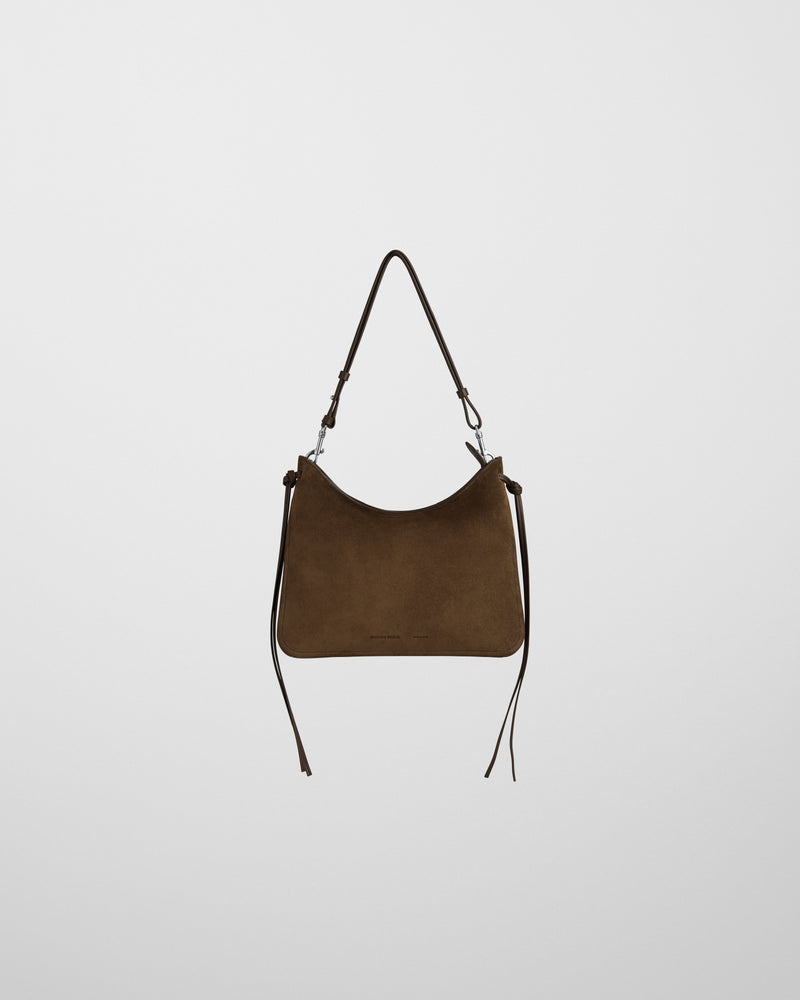 Phoebe Philo sac porté épaule Gig en daim kaki, silhouette boxy à lanières nouées et bandoulière fine réglable