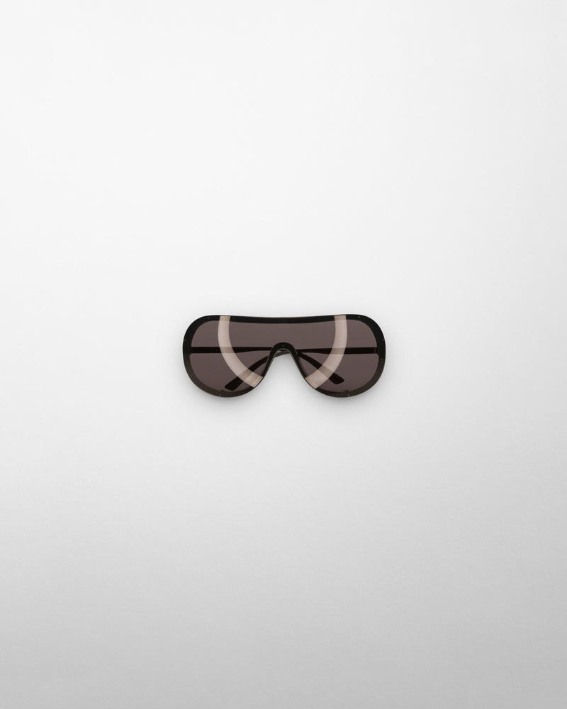 Phoebe Philo Beam Sonnenbrille Maskenform schwarzes Metall graue Gläser Shield Oversize Luxus Damenbrille