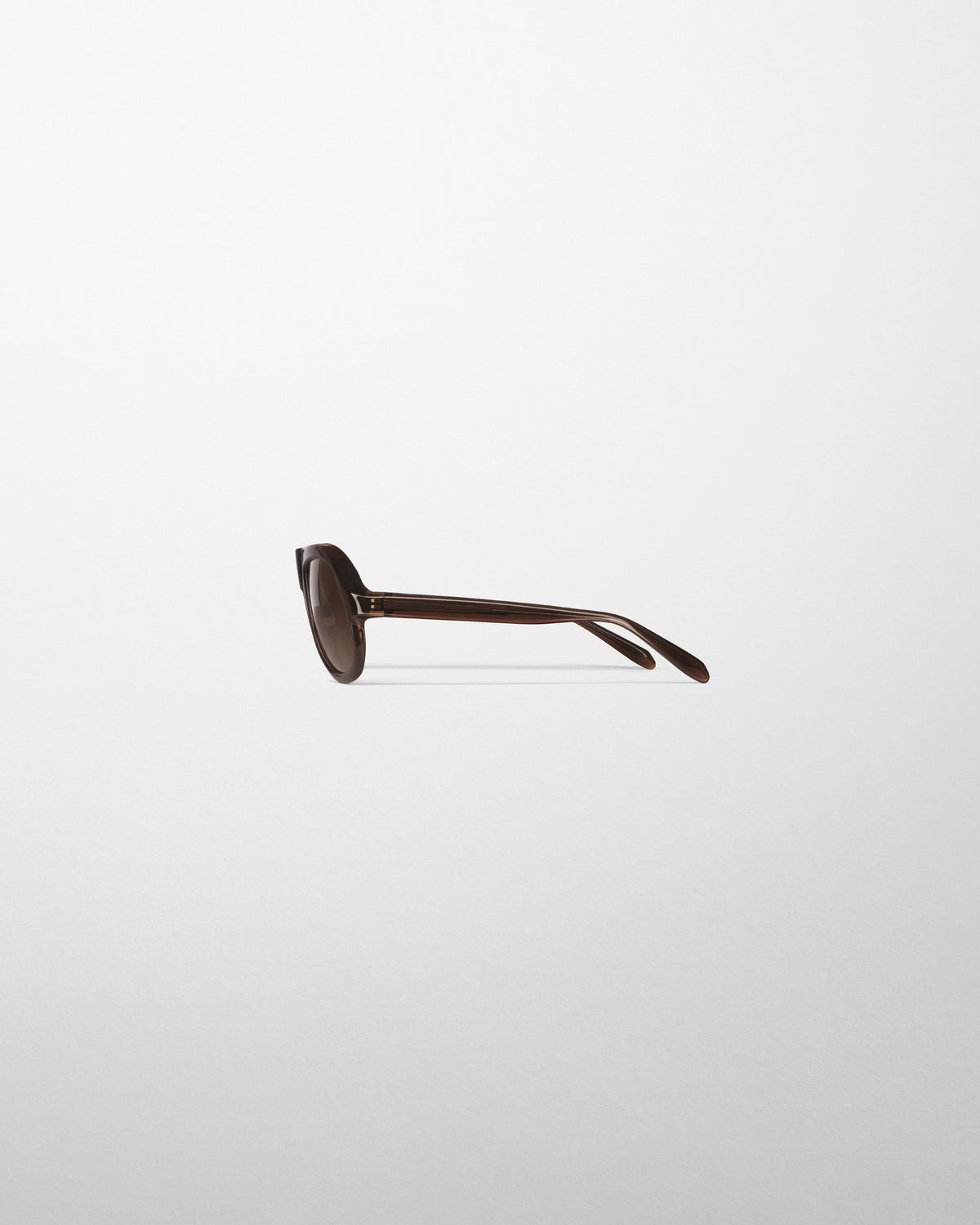 Phoebe Philo Sonnenbrille Seitenprofil, transparenter brauner Acetatrahmen, schmale Bügel mit goldenem Detail