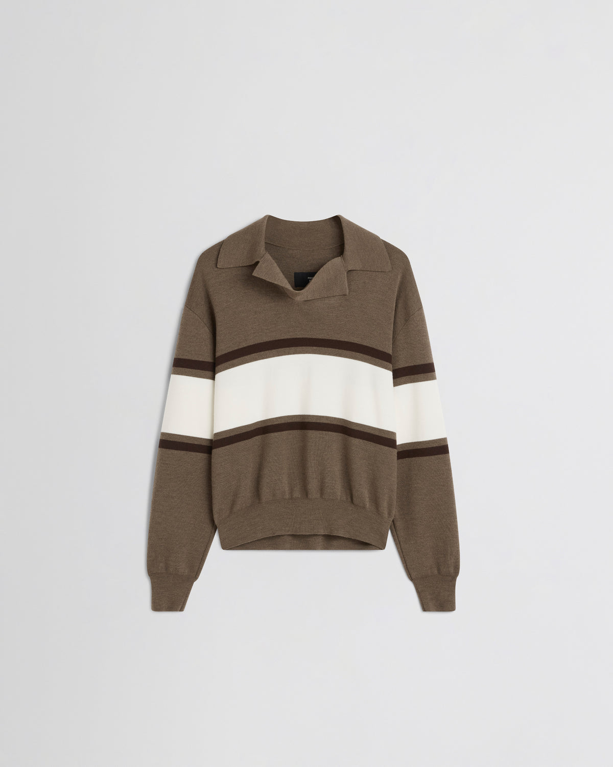 Phoebe Philo pull polo en laine oversize col ouvert rayures cigare crème et chocolat