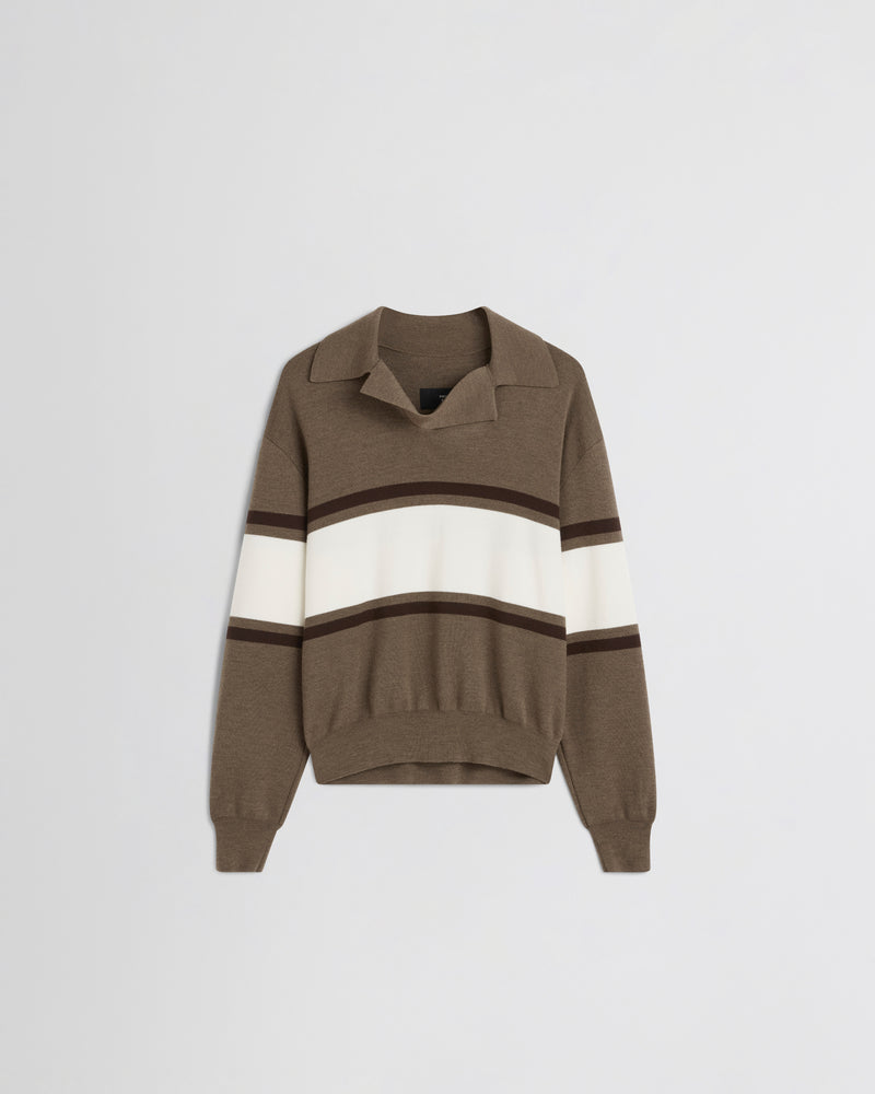 Phoebe Philo pull polo en laine oversize col ouvert rayures cigare crème et chocolat