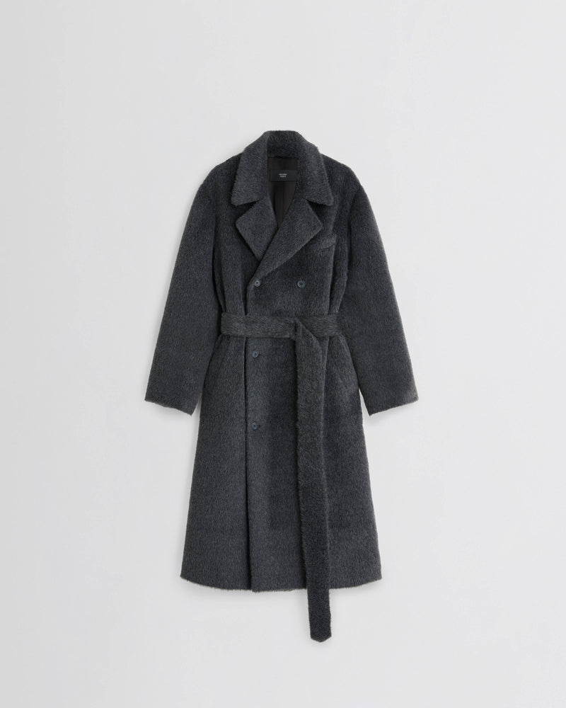 Phoebe Philo manteau teddy ceinturé double boutonnage en peau lainée texturée, silhouette longue oversize, coloris cendre