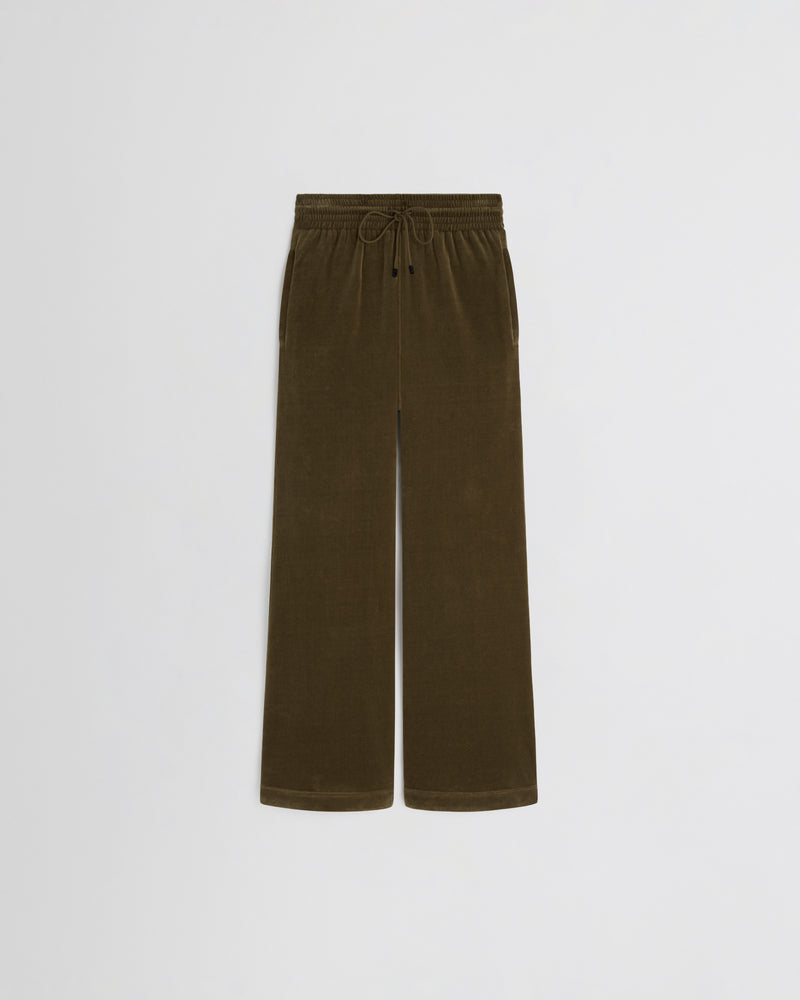 Phoebe Philo jogging large en velours olive bronze à taille élastiquée et cordon de serrage, coupe droite et ample