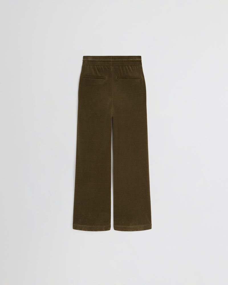 Phoebe Philo pantalon velours kaki dos avec poches passepoilées et ceinture froncée élastique