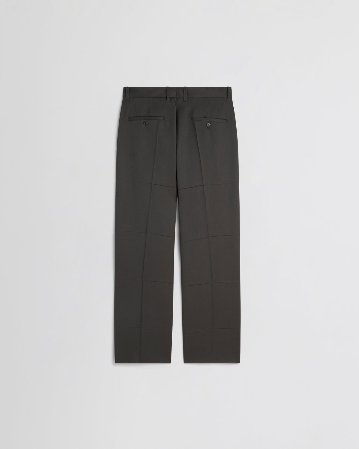 Pantaloni Phoebe Philo lana verde bronzo vista retro, tasche a filetto con bottone e cintola strutturata