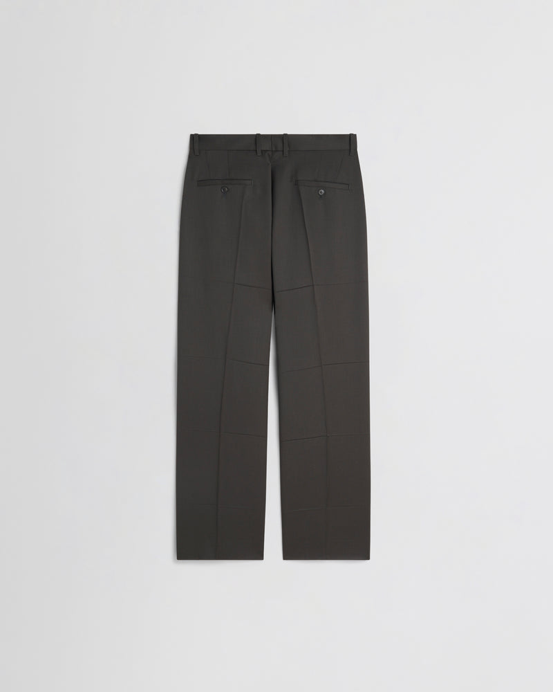 Phoebe Philo pantalon laine vert bronze vue dos, poches passepoilées boutonnées et ceinture structurée