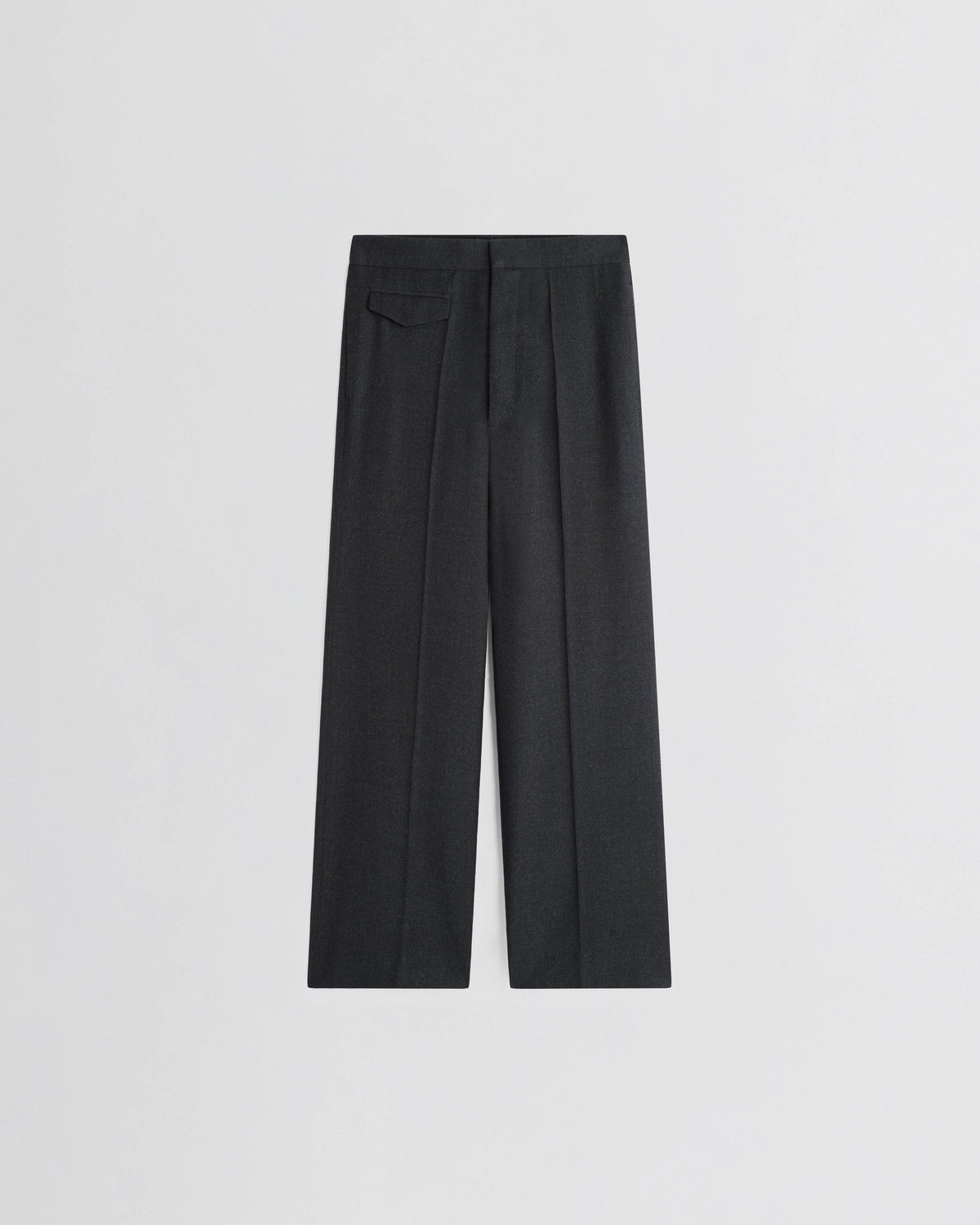 Phoebe Philo pantalon boyish large en laine anthracite à pinces et poche rabat, coupe droite et tombé structuré