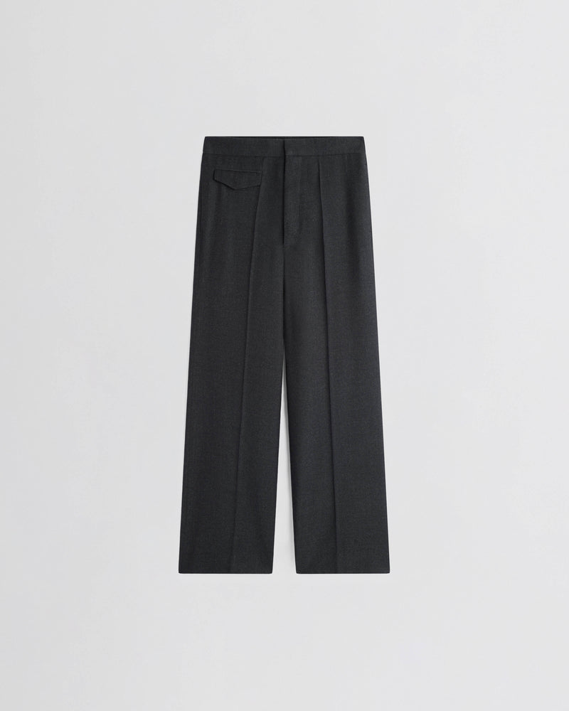Phoebe Philo pantalon boyish large en laine anthracite à pinces et poche rabat, coupe droite et tombé structuré