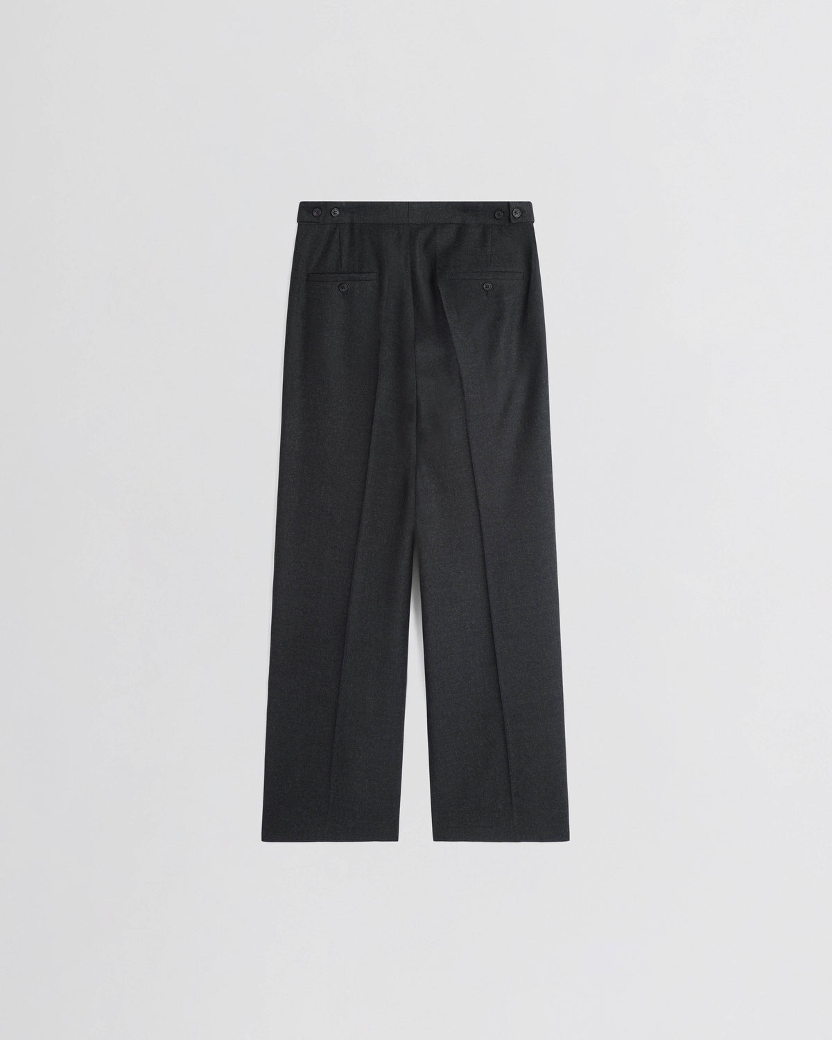 Phoebe Philo pantalon femme dos laine anthracite, ceinture ajustable boutons et poches passepoilées