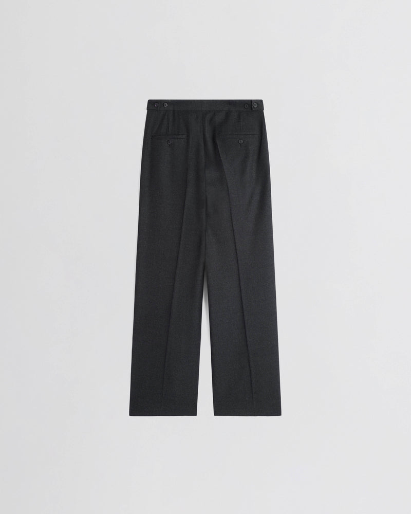 Phoebe Philo pantalon femme dos laine anthracite, ceinture ajustable boutons et poches passepoilées