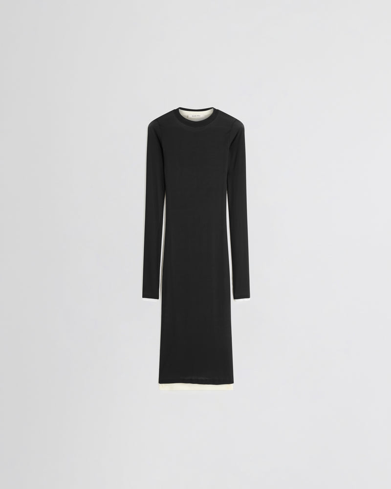 Phoebe Philo robe Hug longue manches longues col rond en viscose noire avec liseré crème, coupe moulante minimaliste