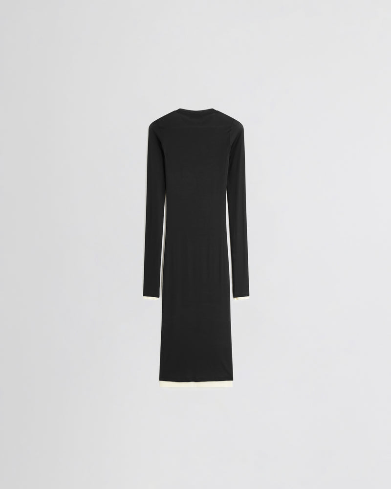 Phoebe Philo robe Hug midi dos en viscose noire, ourlet contrastant écru et manches longues ajustées