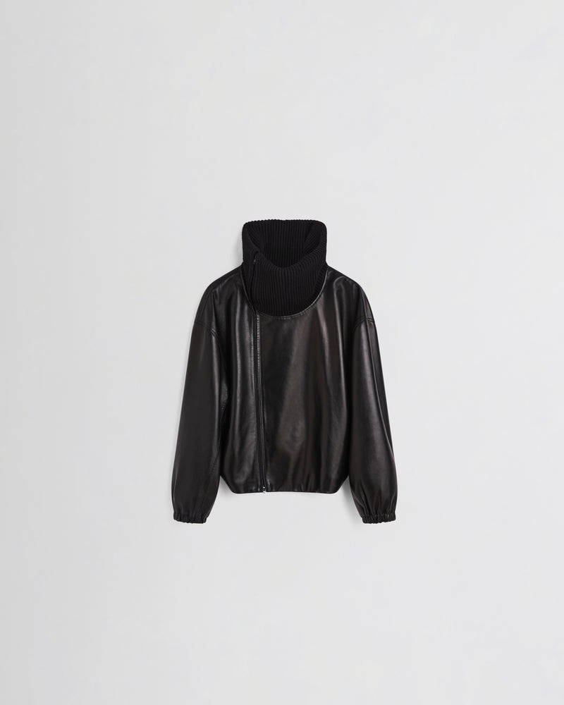 Phoebe Philo veste bomber en cuir noir oversize avec col côtelé montant et manches bouffantes élastiquées