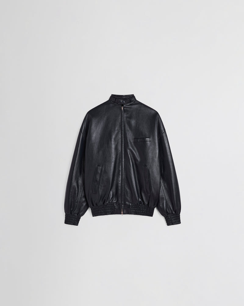 Phoebe Philo bomber oversize en cuir noir encre, col montant, manches ballon et bas smocké