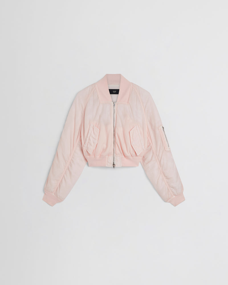 Phoebe Philo bomber court en nylon délavé rose pâle, col montant, manches oversize et poches cargo structurées