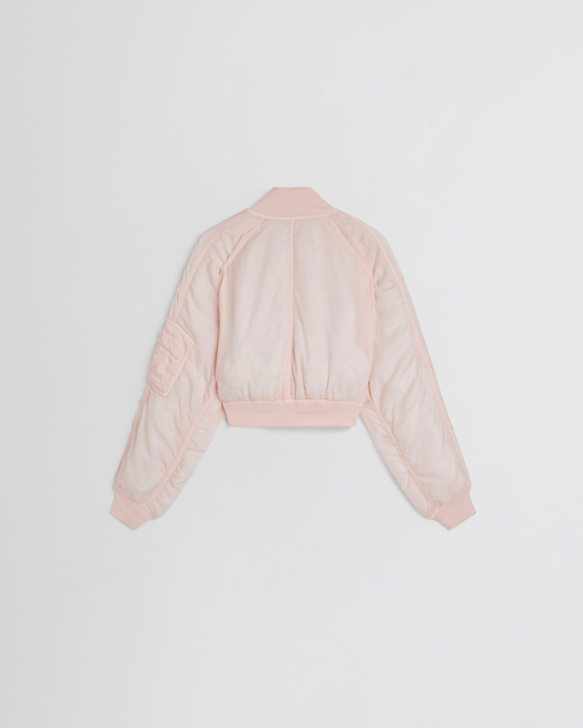 Casaco bomber para mulher Phoebe Philo em nylon rosa pálido, costas depuradas com faixa elástica e punhos canelados.