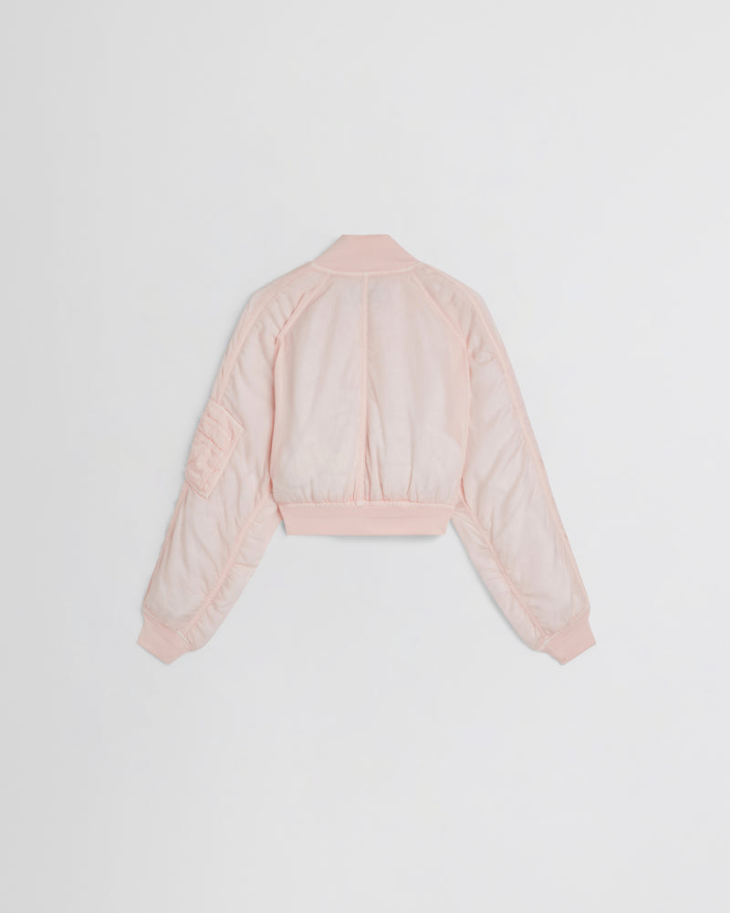 Phoebe Philo veste bomber femme nylon rose pâle, dos épuré avec bande élastique et poignets côtelés