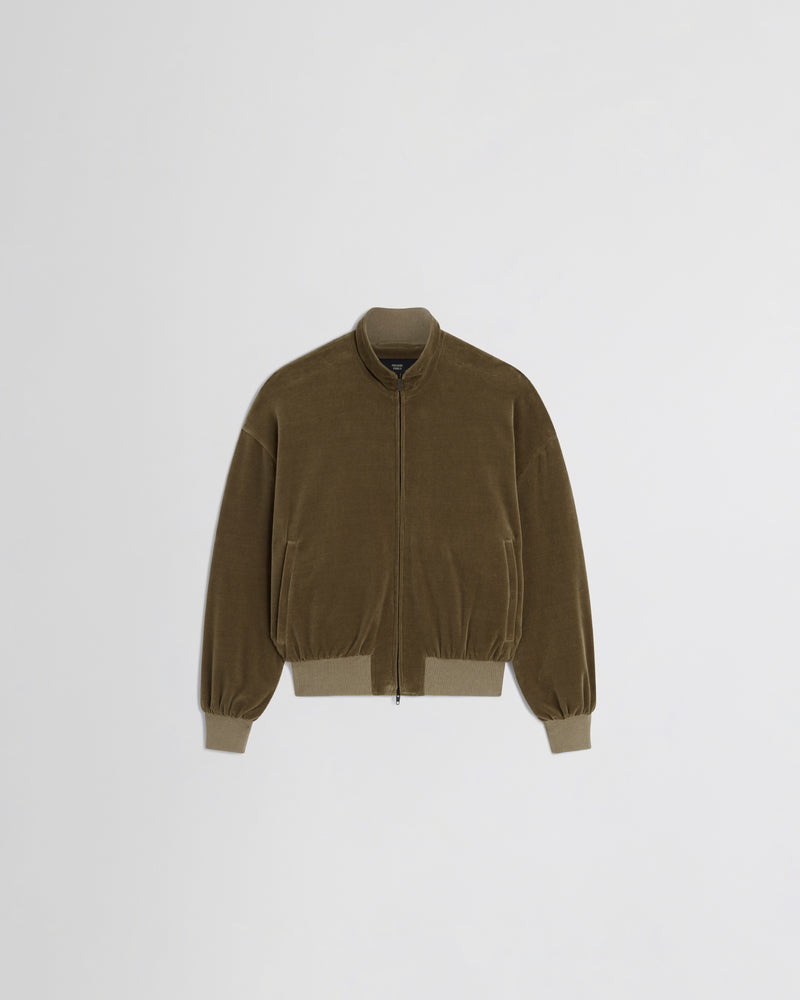 Phoebe Philo bomber oversize en velours kaki, col montant, manches ballon et finitions côtelées contrastantes