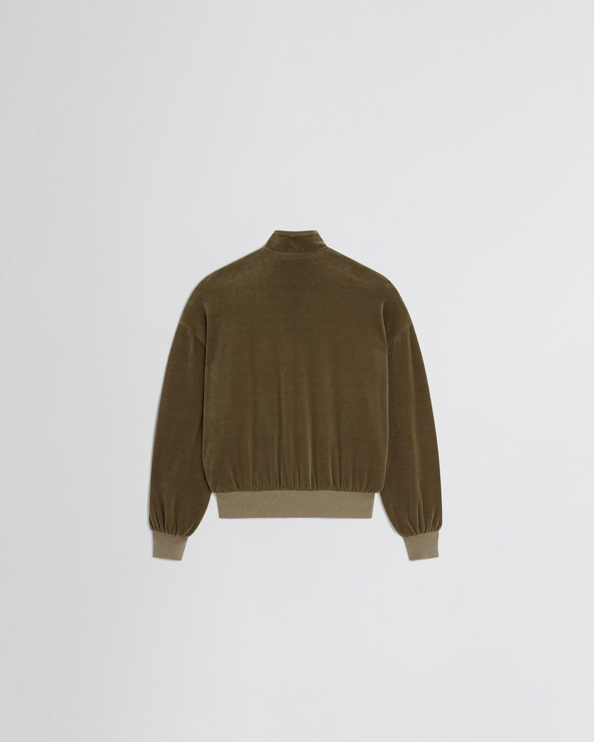 Chaqueta bomber Phoebe Philo terciopelo, vista posterior, banda elástica en contraste beige, color bronce.