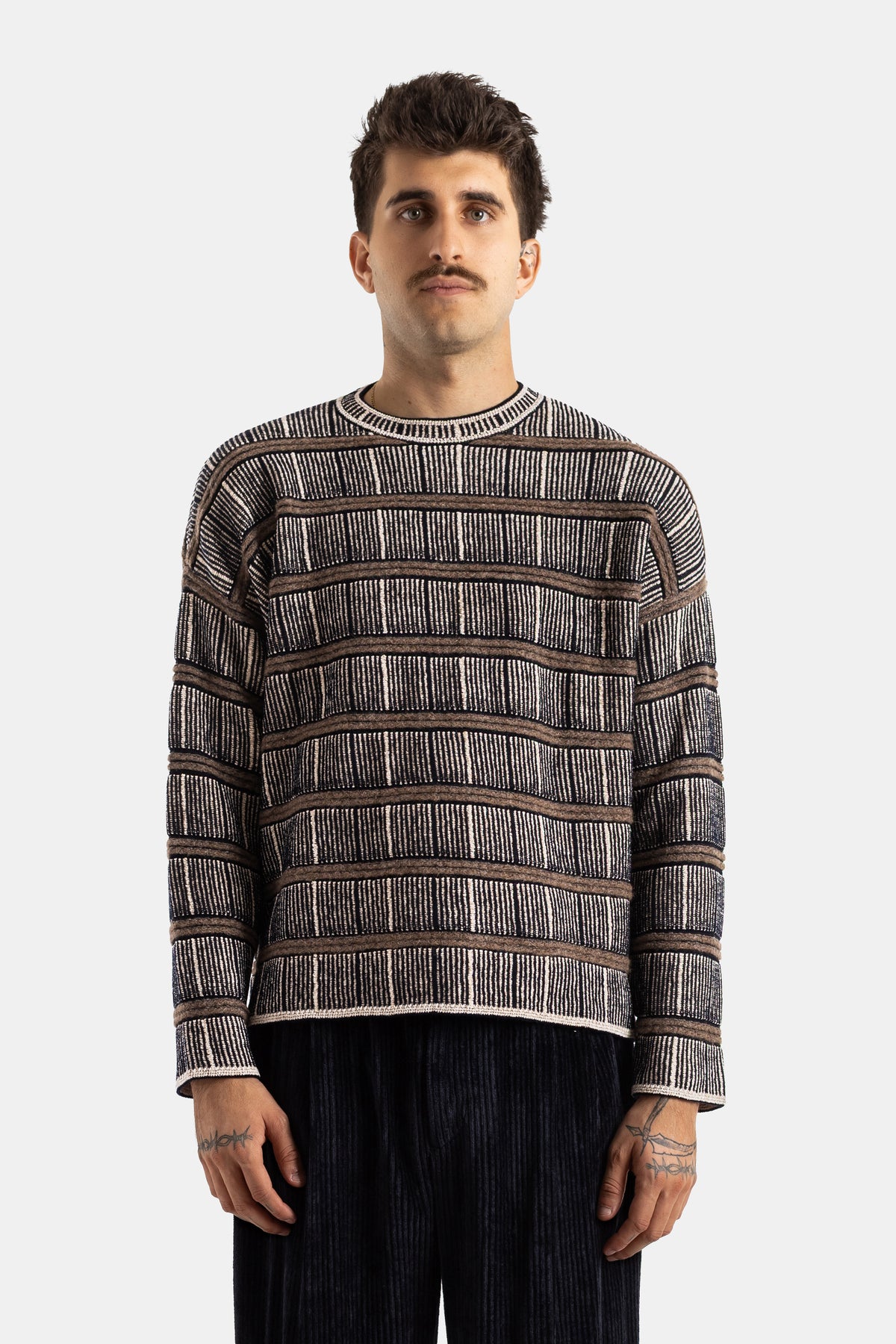 Giorgio Armani striped ribbed silk & wool crewneck sweater in brown, cream and black with a boxy fit.