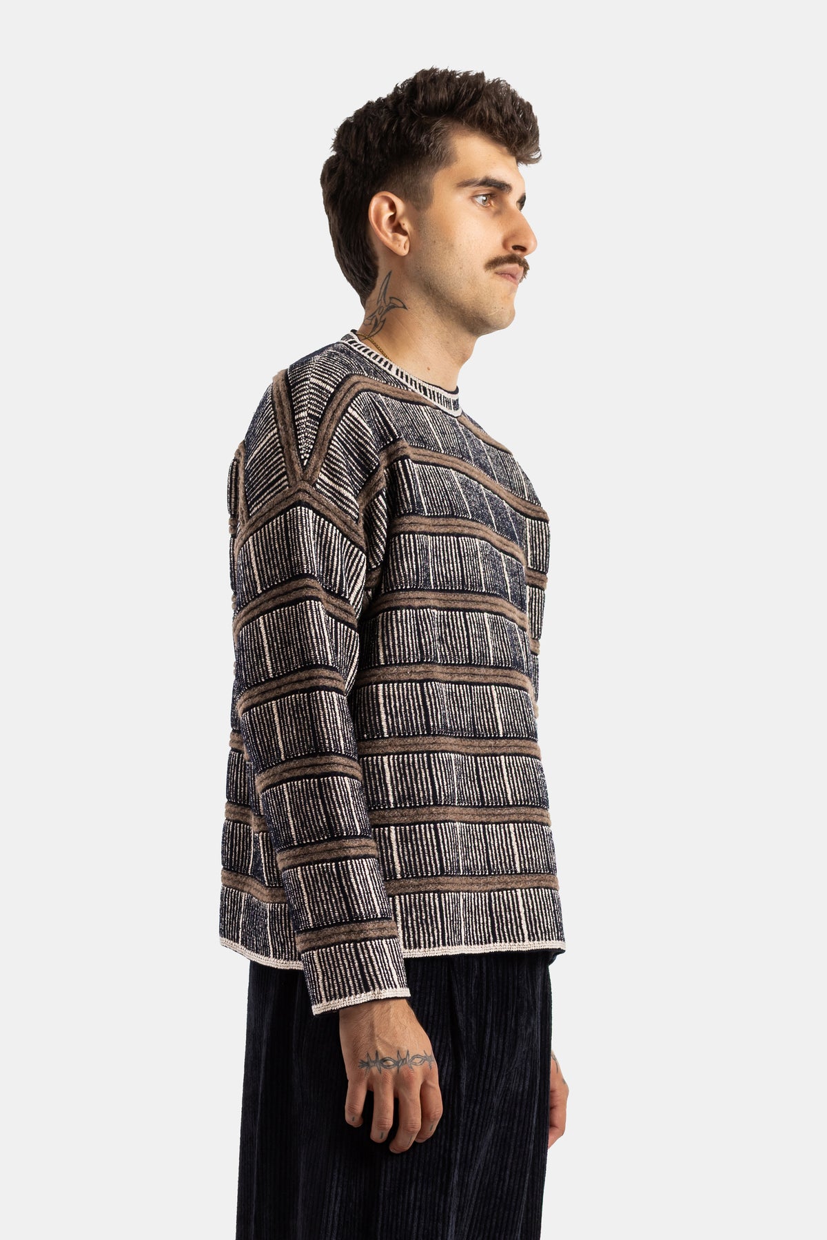 Giorgio Armani men's textured knit sweater with horizontal brown and white stripes, left profile view.