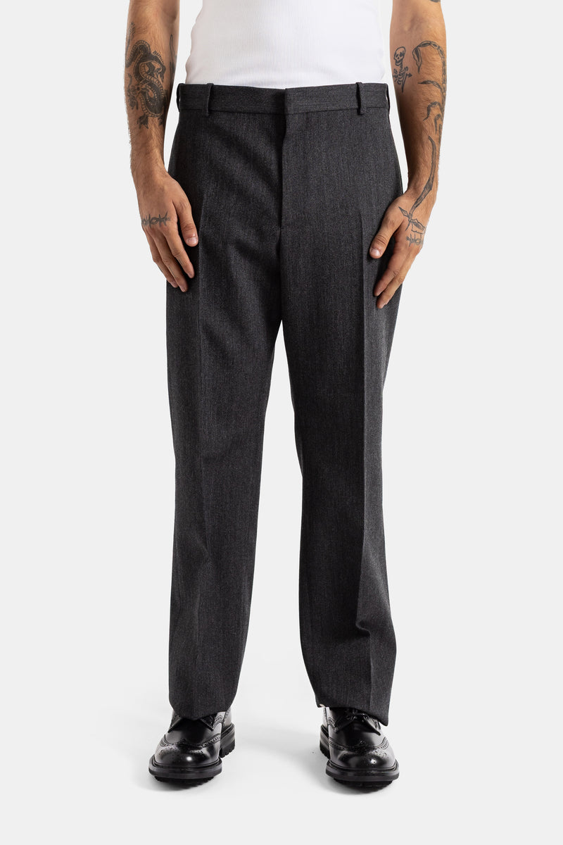 Balenciaga loose straight-cut tailored trousers in charcoal grey wool flannel with a sharp center crease