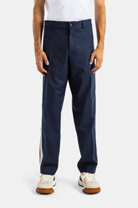 Moncler pantalon coupe droite bleu marine à bandes latérales en lainage structuré pour homme