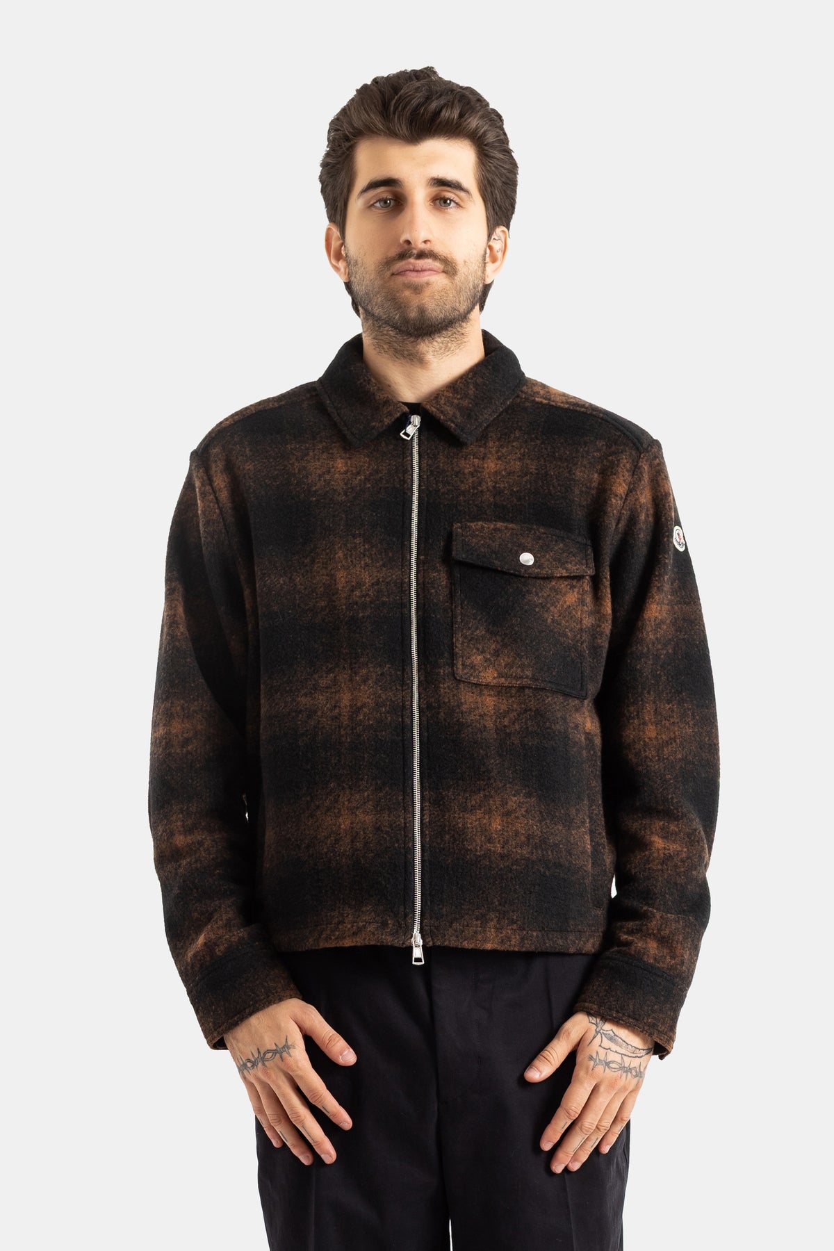 Moncler men's brown and black gradient plaid wool zipped overshirt with shirt collar and straight boxy cut.