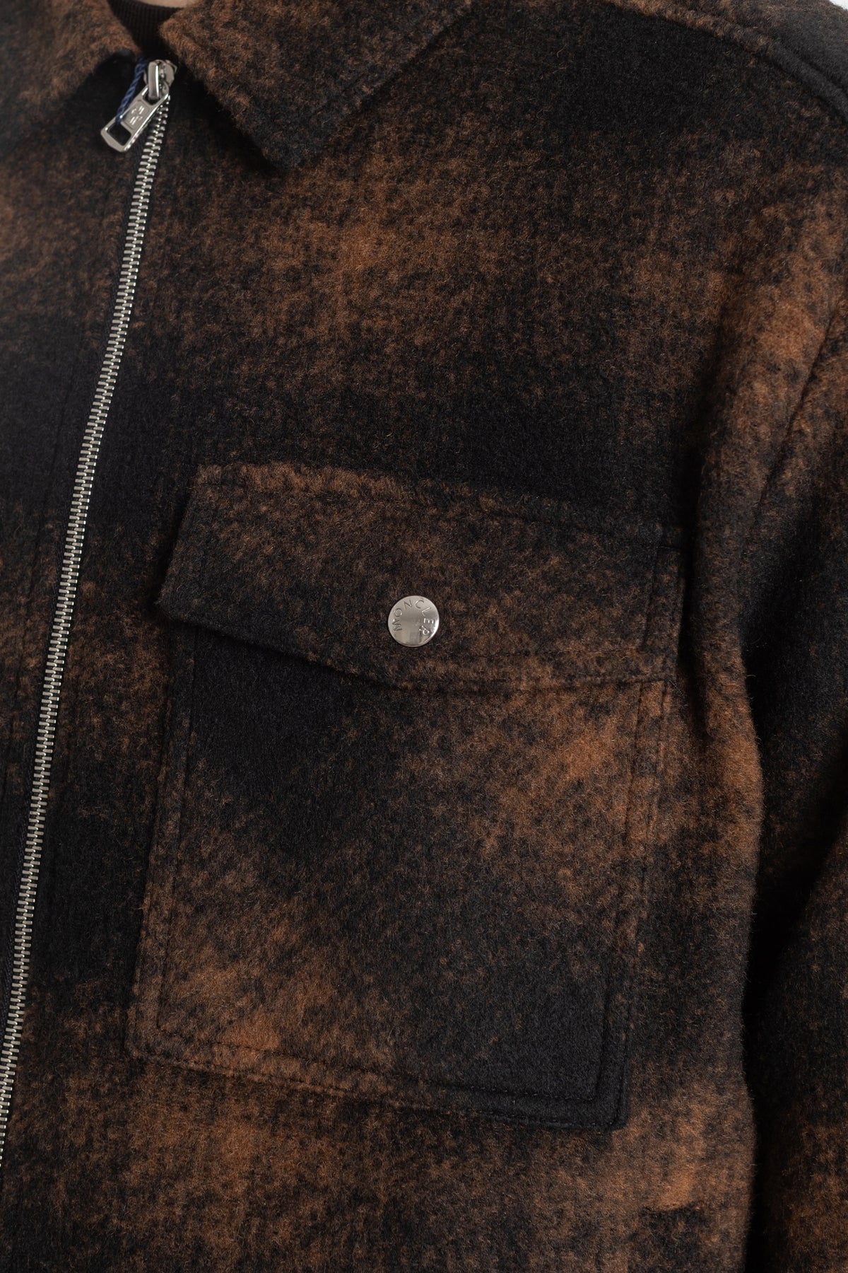 Moncler wool overshirt chest pocket detail, silver logo snap button, metal zip, brown black heather fabric.