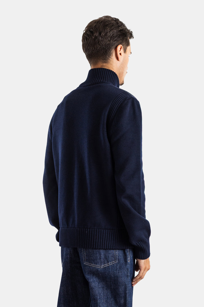 Back view of Moncler men's navy blue hybrid cardigan in wool with reinforced shoulders and ribbed collar.