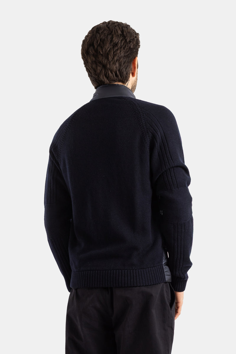 Moncler Grenoble cardigan homme dos tricot côtelé bleu marine détails raglan épaules structurées