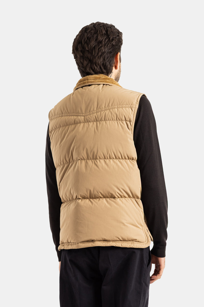 Moncler Grenoble Evans back view, men's beige sleeveless down vest with horizontal quilting and gold corduroy collar.
