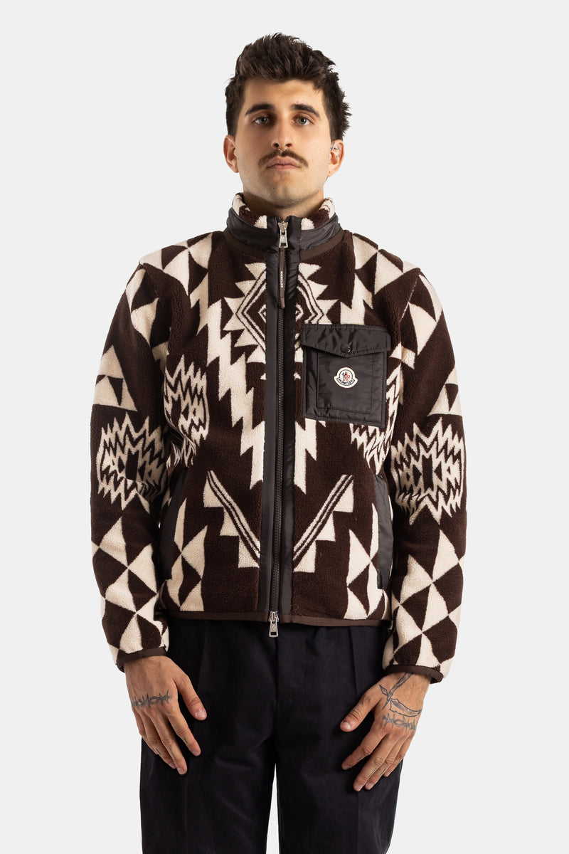Moncler veste polaire homme col montant zippée imprimé géométrique marron et écru