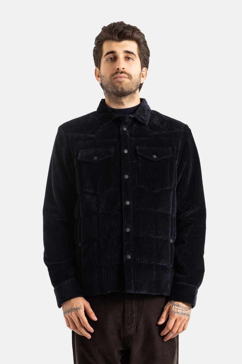 Moncler Grenoble chemise-veste Gelt matelassée en velours côtelé bleu marine, coupe droite col chemise