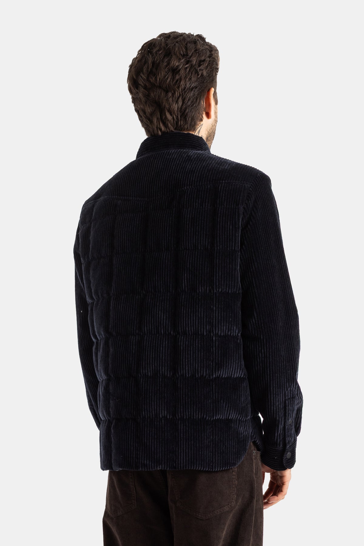Moncler Grenoble Gelt dos homme, matelassage carreaux velours côtelé bleu marine, col montant