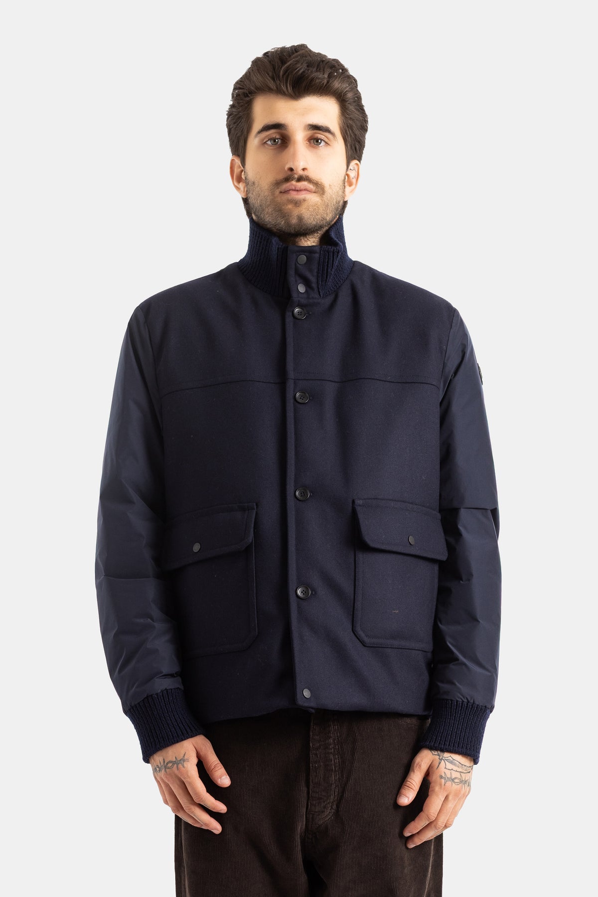 Blouson Urvalis bi-matière laine bleu marine col montant côtelé poches cargo coupe courte homme