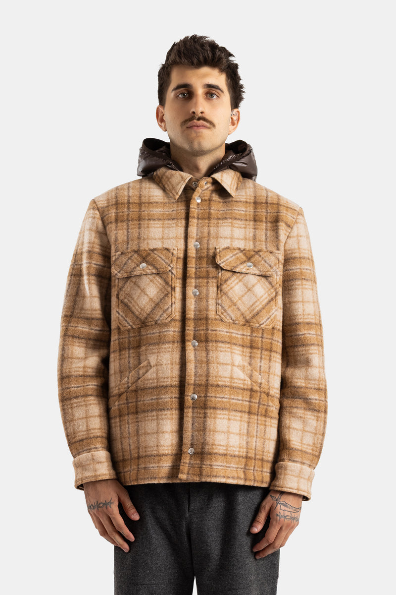 Moncler surchemise Nyvalin 2-en-1 coupe droite à carreaux camel avec gilet doudoune amovible col chemise homme