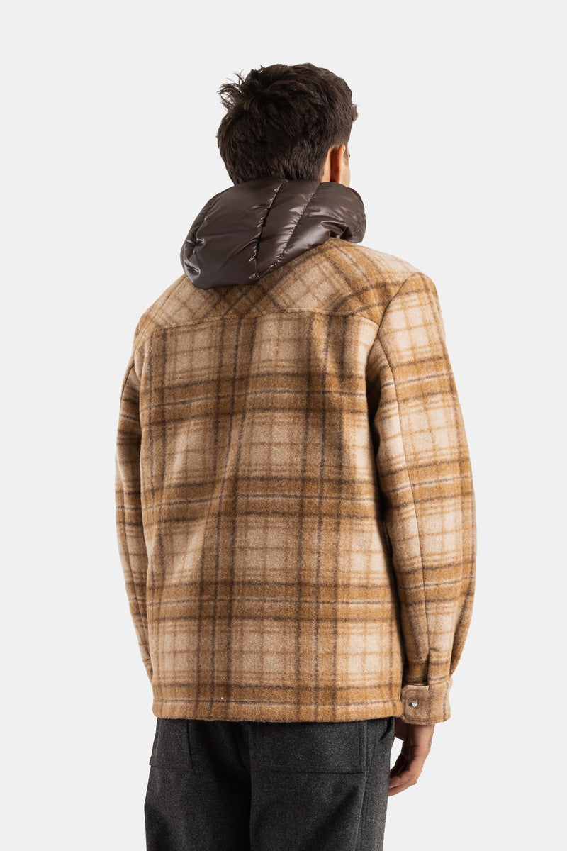 Moncler Nyvalin dos surchemise laine écossaise camel avec capuche matelassée brun amovible homme