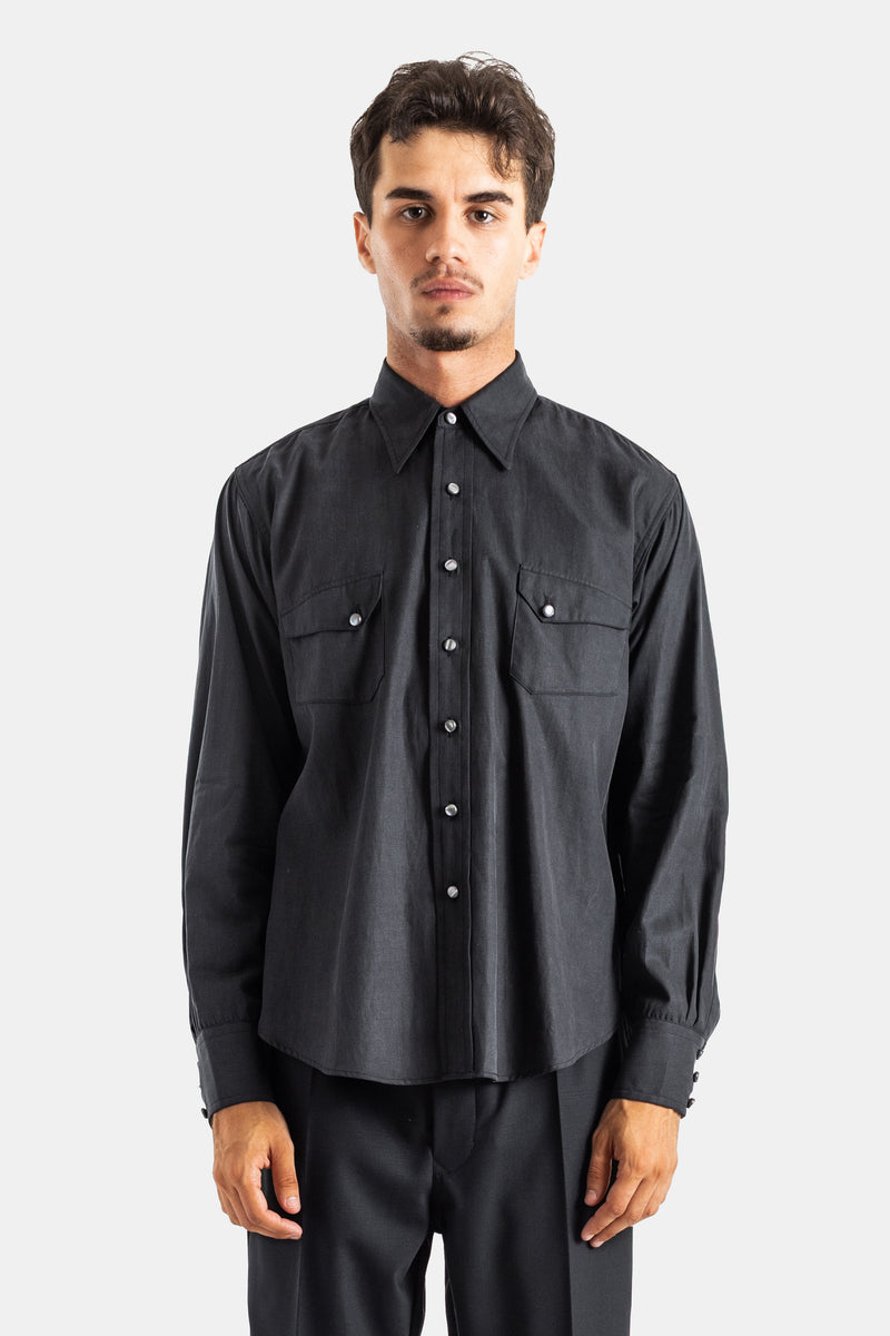 Taiga Takahashi chemise cowboy oversize col pointu manches longues à pressions en lyocell coton anthracite homme