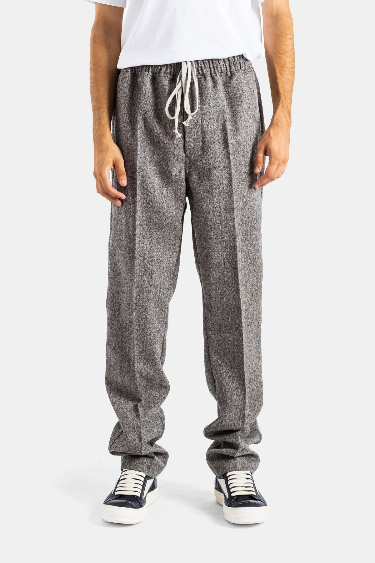 Rick Owens pantalon Drawstring coupe ample en laine chinée mélange noir et gris avec cordon écru